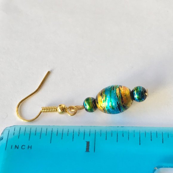 Blue Amber Murano Glass Earrings Bead Hand Painted Round Gold Plated - Picture 5 of 8